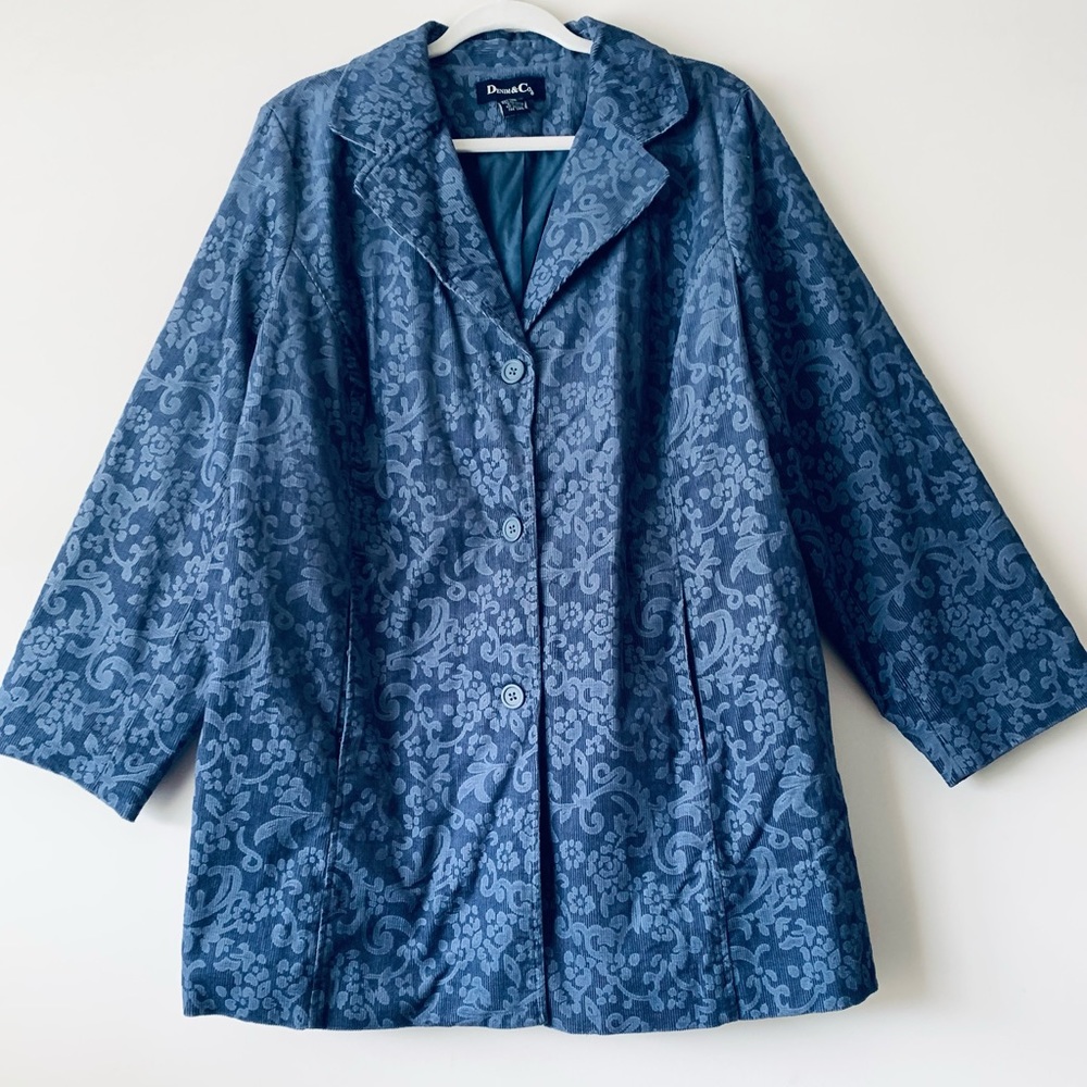 Vintage Blue Floral Print Corduroy Blazer Jacket Women Size 1X